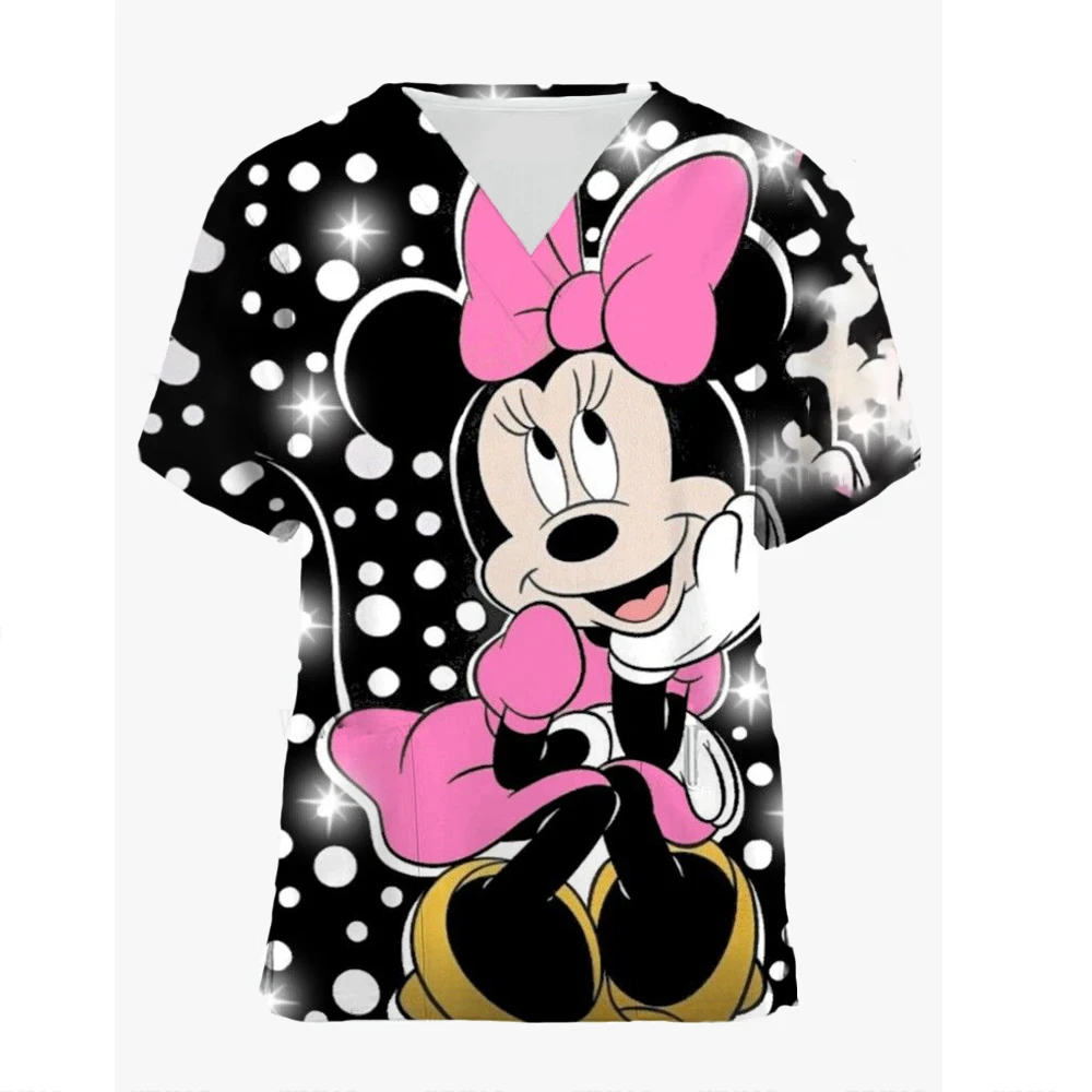 Tops Women Scrub Nurse Disney Mickey Mouse Cartoon V-Neck Tops Working T-Shirt Minnie Print Healthcare Tunic Carers Workwear Top