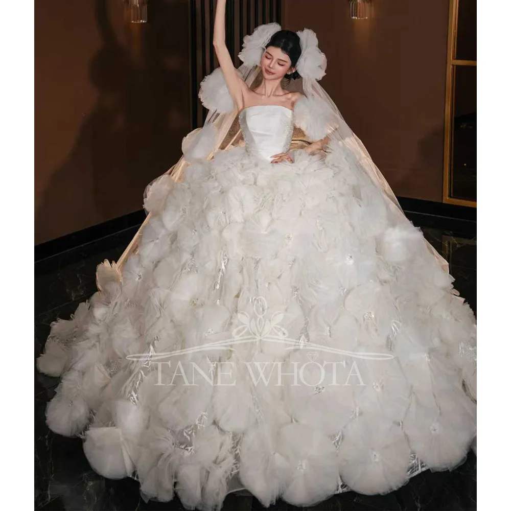 Princess Strapless Wedding Dress Sleeveless Lace Up Back 3D Flower Ball Gown Customizable Düğün Elbisesi