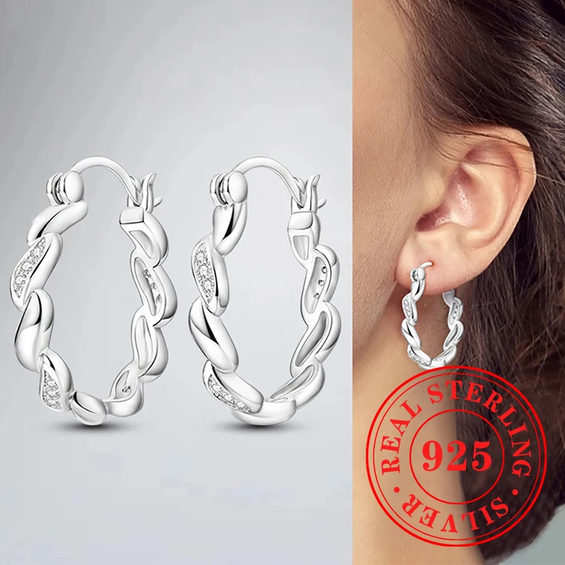 Huitan 925 Sterling Silver Big Twisty Circle Hoop Earrings for Women Luxury Wedding Band Jewelry Brilliant Ear Accessories Hot