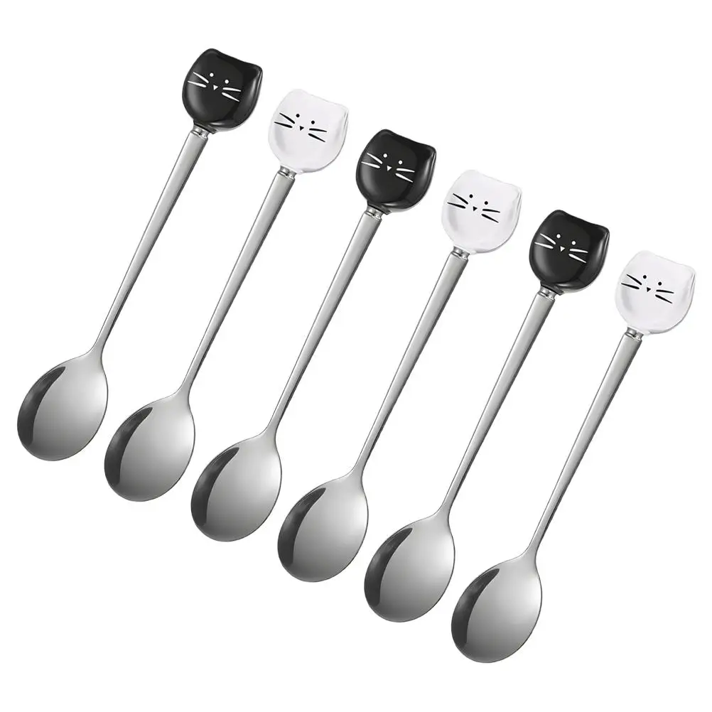 

6 Pcs Stainless Steel Long Handle Ceramic Cat Dessert Spoon Ice Cream Ladle Mixing Spoon For Kitchen Gadgets Cute Cat Food Spoon