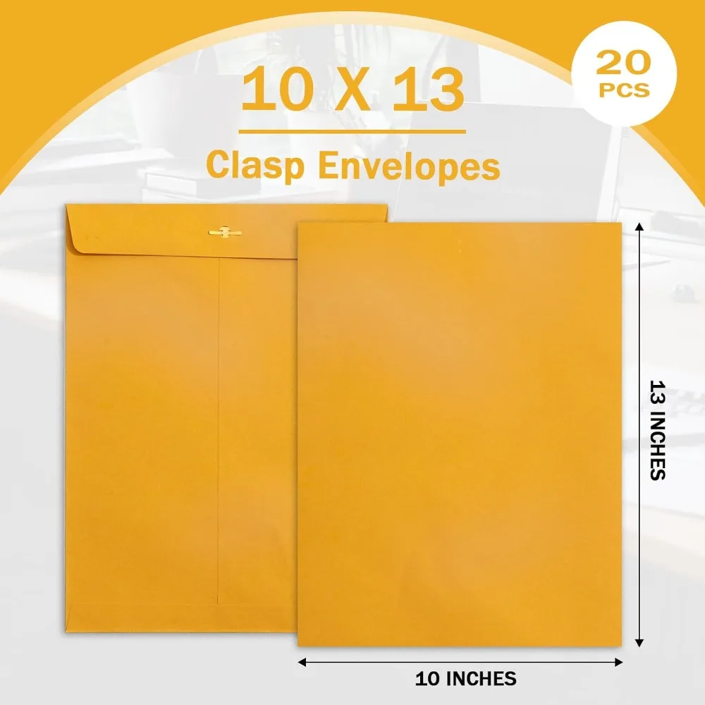 20 Pack 10x13 Clasp Envelopes, Kraft Paper, Gummed Seal, Office Use