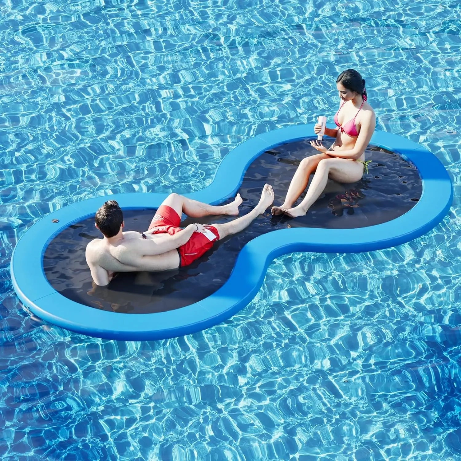 Round Inflatable Floating Dock 6-12FT, Float Ring and Water Hammock for Tanning, Woven Fabric Cover, Includes Manual Pump for Quick Inflate/Deflate, Accommodates 2-8 People, Great for Lakes and Oceans