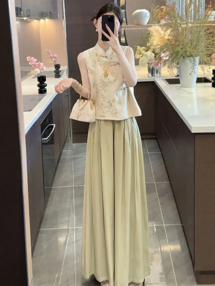 

New Chinese Style Fashion Set Women's Summer Luxury Sleeveless Shirt Top Wide Leg Pants Two Piece Set Elegant Casual Workwear