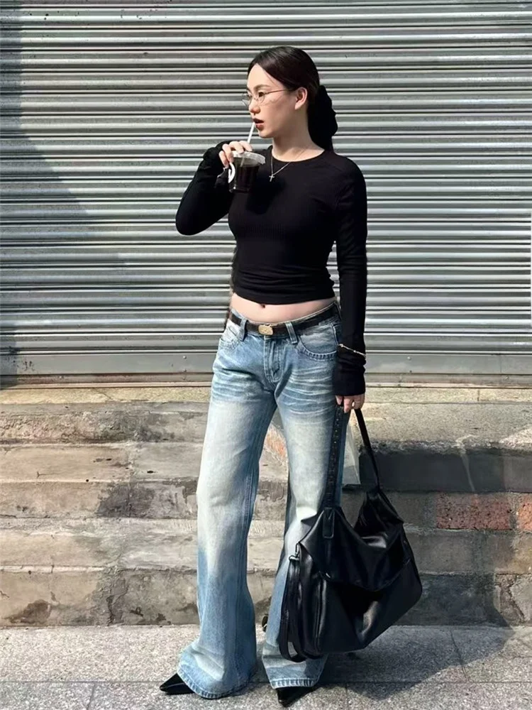 

Extended Size Loose Fit Light Blue Low Waist Wide Leg Jeans Women's Casual Style Autumn Spring Whisker Design Slimming Pants