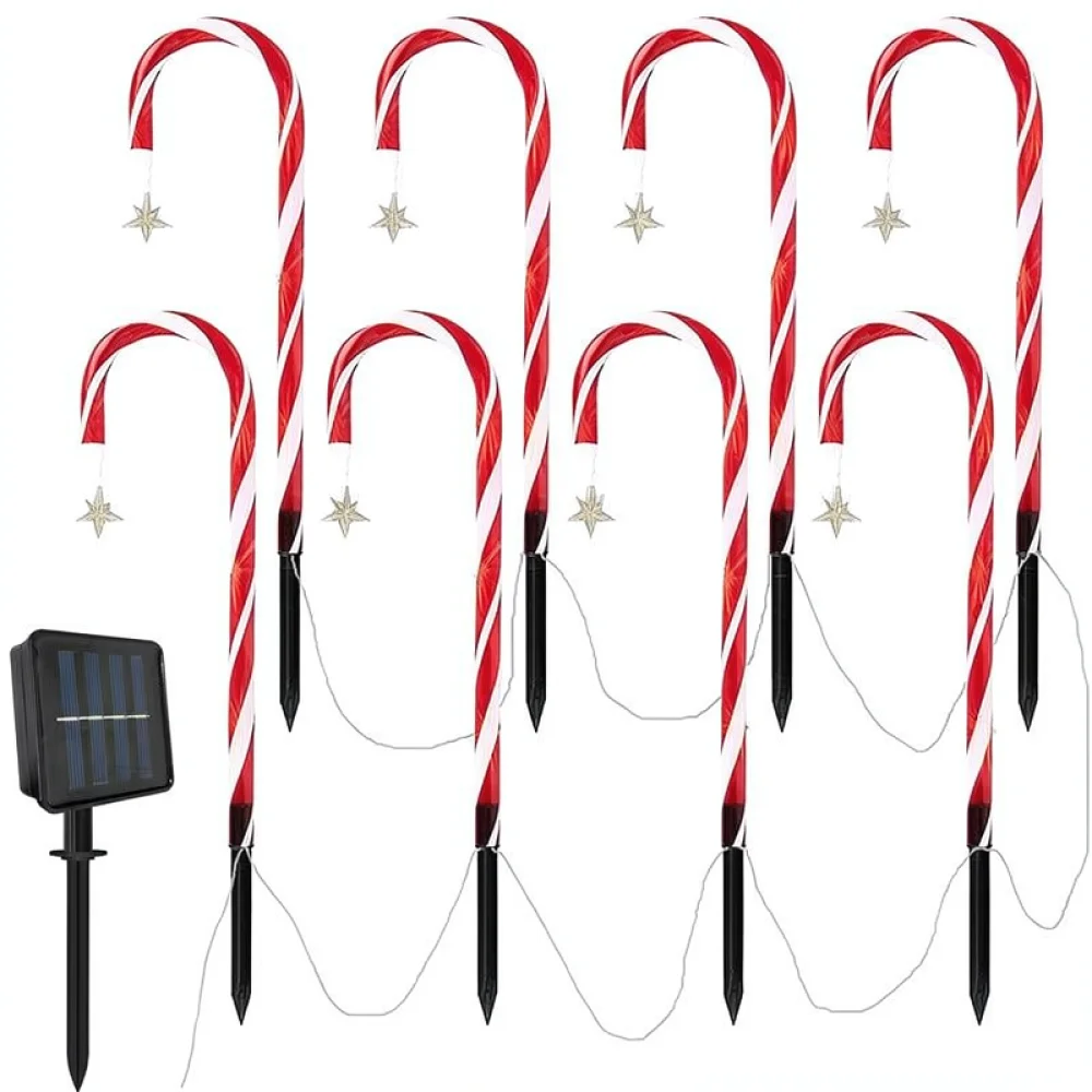 Solar Christmas Candy Cane Lights With Star LED Waterproof Outdoor Pathway Ground Stake Holiday Decor