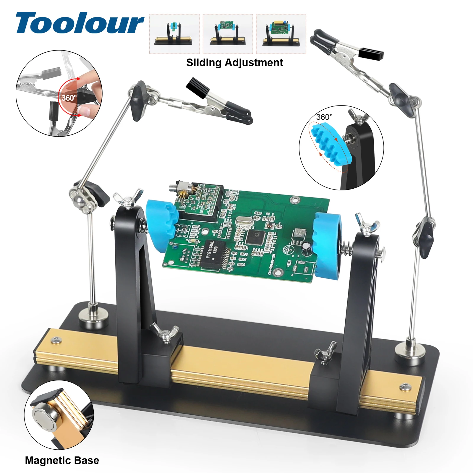 Magnetic Adjustable PCB Holder Soldering Clamp with 2 Metal Flexible Arm Soldering Helping Hand for Clamping PCB, Desoldering