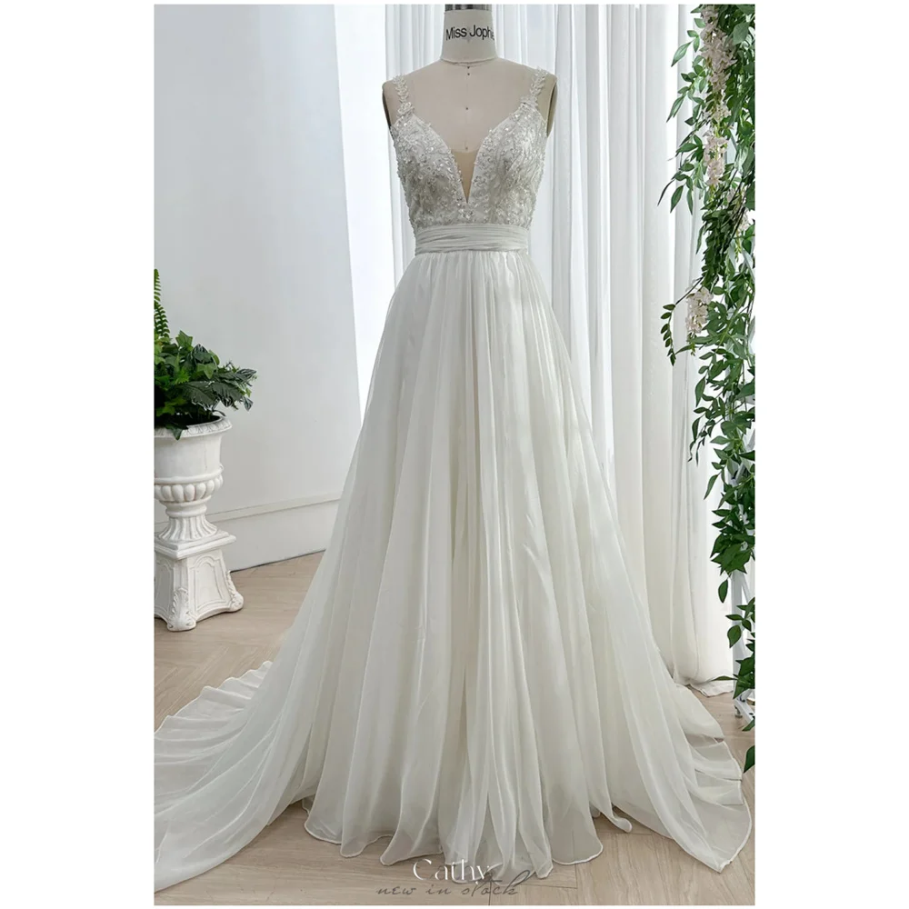 Cathy White Chiffon Tuxedo Party Dresses Spaghetti Strap Backless vestidos de noiva Floor-Length Embroidery Evening Dresses 2024