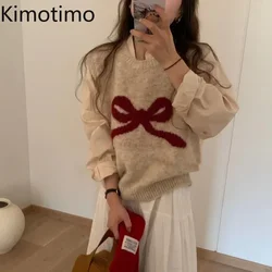 Kimotimo Bow Printed Knit Vest Women 2024 Autumn Winter O Neck Loose Outwear Waistcoat Tops Korean Y2k Sweet Short Sweater Pulls