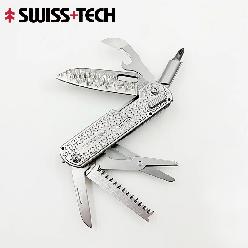 SWISS TECH Mini Pocket Knife with Damascus Blade EDC Multi-tool Portable Outdoor Camping Survival Hiking Multi Tool