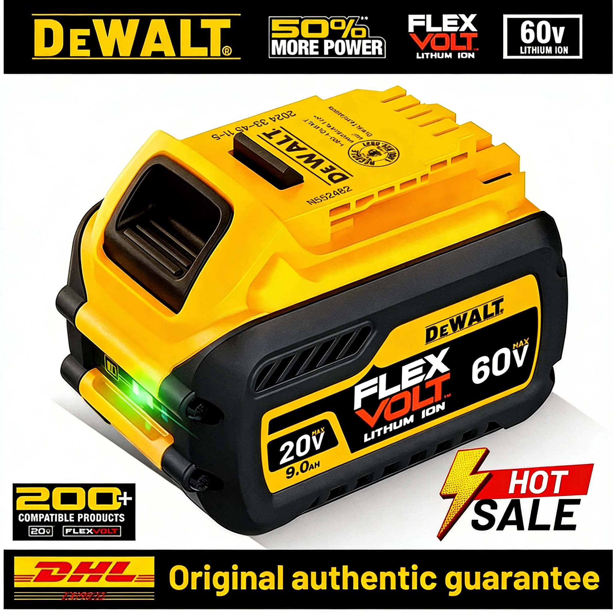 DeWALT 100% Original Battery 20V/60V 9000mAh MAX FlexVolt for DCB200 DCB205 DCB206 DCB209 DCB182 Power Tool Battery Air Transpor