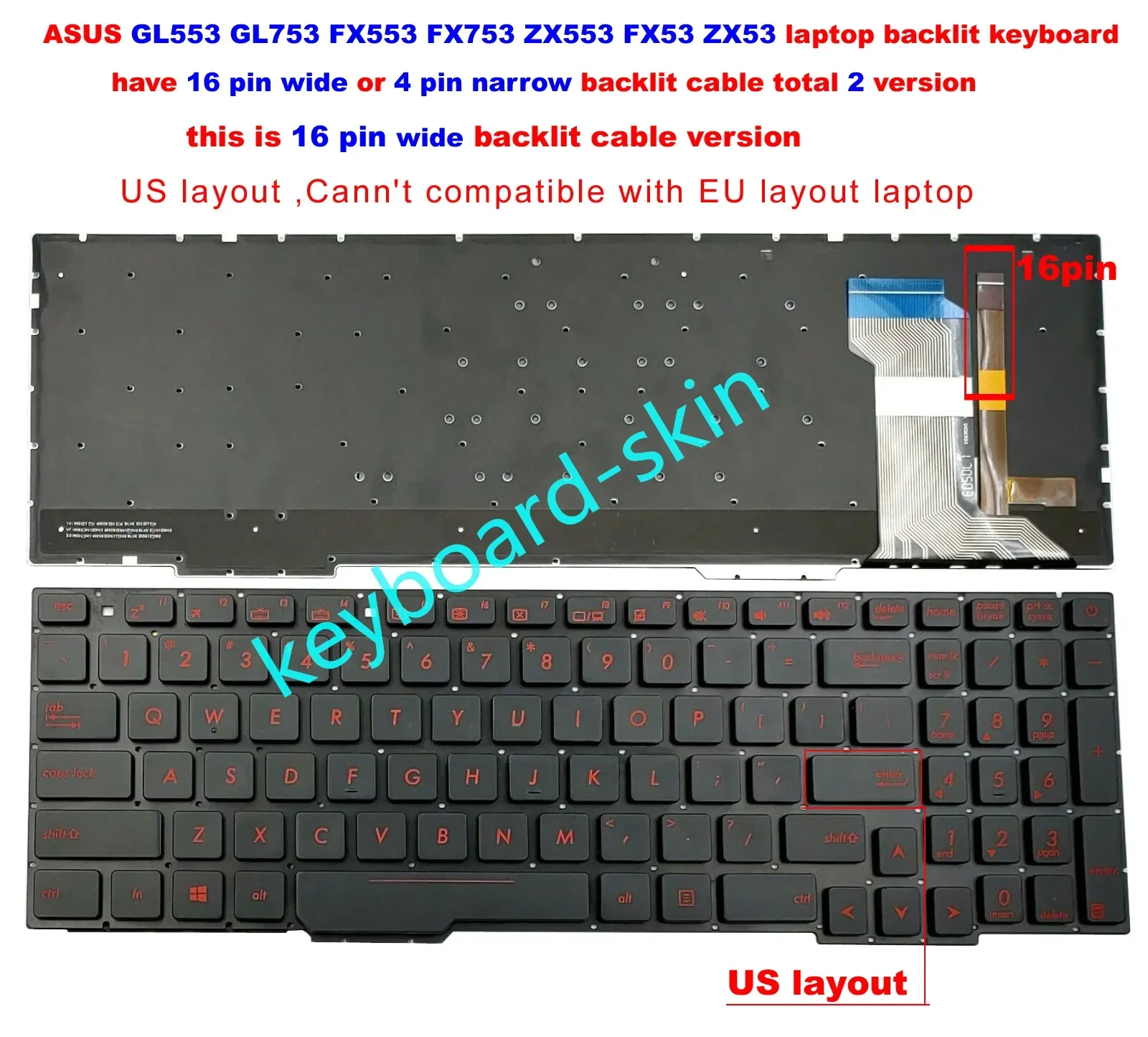 New US backlit keyboard without-frame for Asus FX553VD FX553VE  FX753VE FX753VD ZX553 ZX553VD FX53VD FZ53V ZX53VD ZX73VD FX53VW