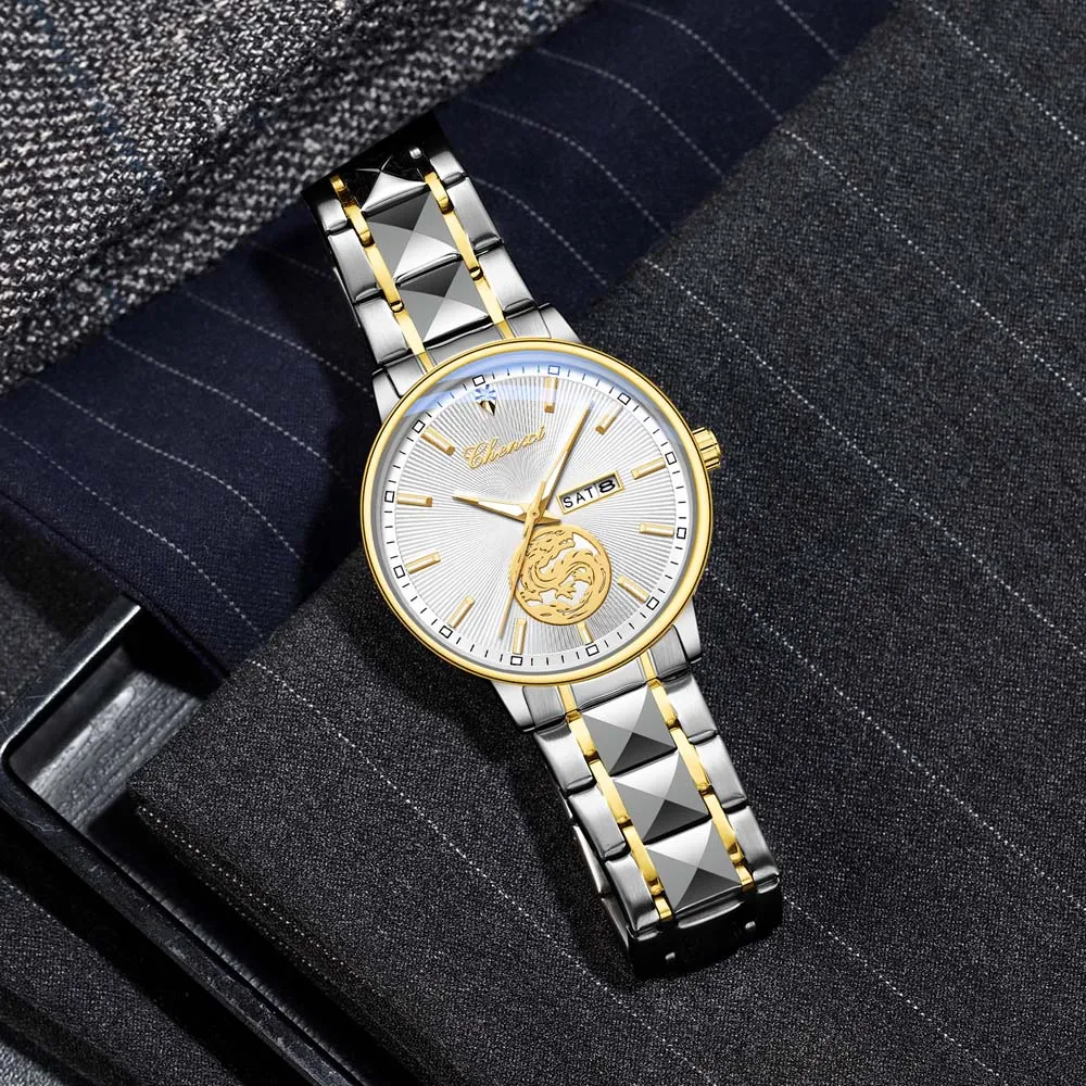 CHENXI Orologio da uomo di lusso Quadrante design drago Business Data Settimana Orologi da uomo al quarzo Orologio al quarzo impermeabile in acciaio inossidabile