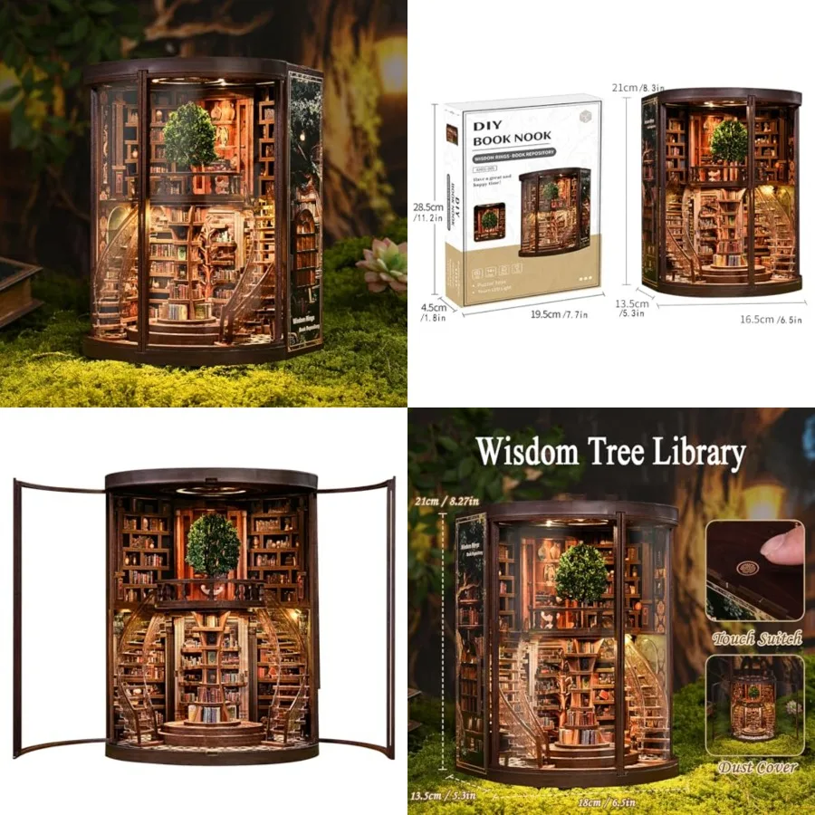 Book Nook Kit, DIY 3D Wooden Puzzle with Rotating Staircase, LED Light and Dust Cover, Premium Solid Wood Bookend, Vintage Deco