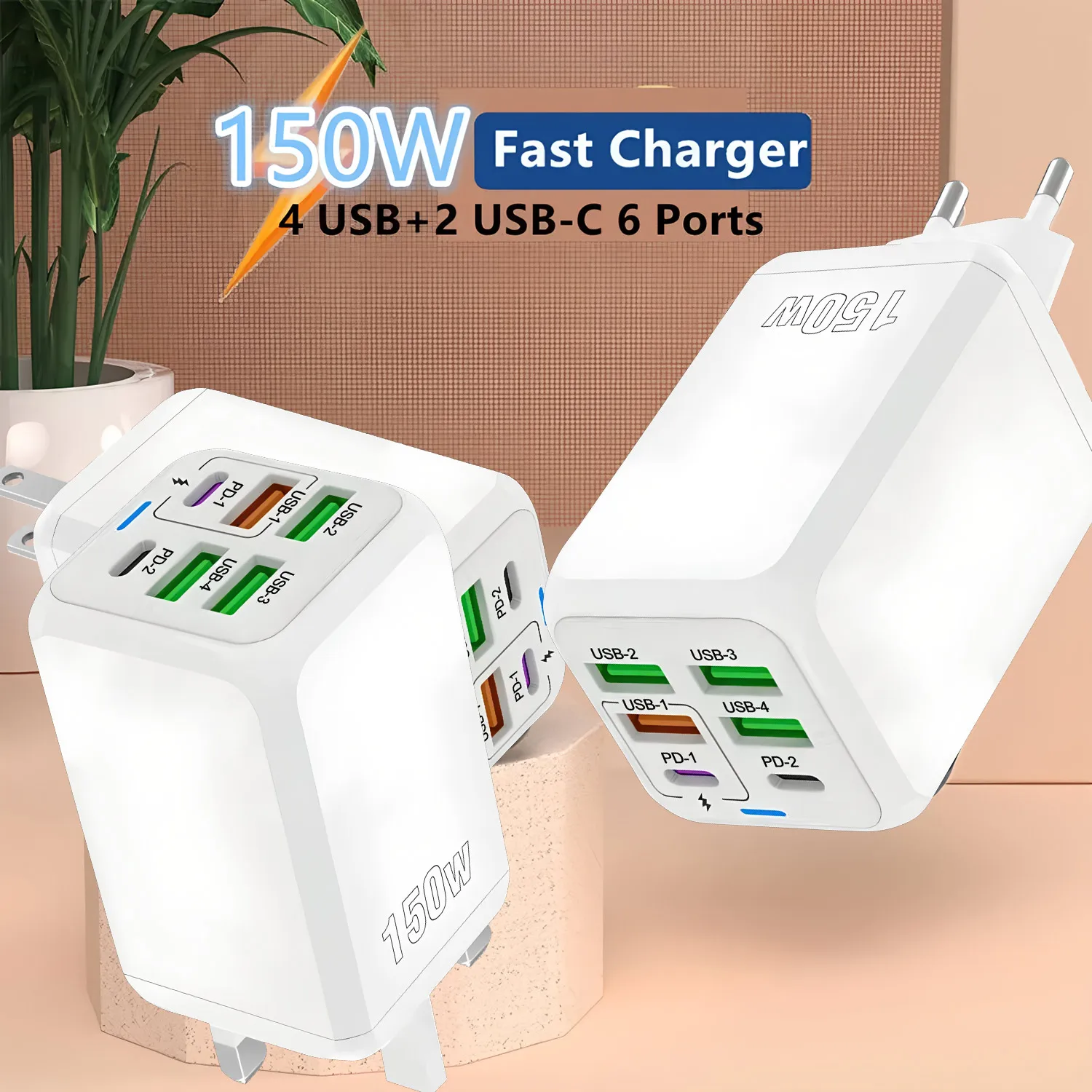 

150W 6 Ports Pd QC 4.0 Usb C Fast Charger Wall Adapter Super Fast Charging For Iphone Samsung Ipad Xiaomi Huawei Oneplus Oppo