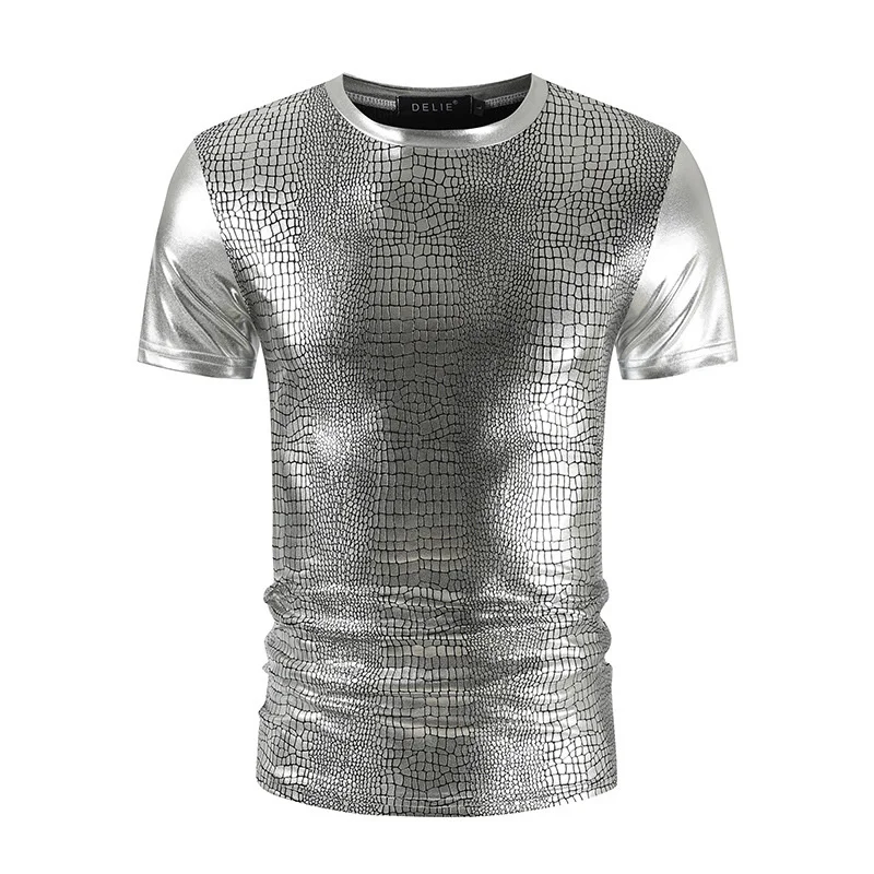 #4116 Black Gold Silver Short Sleeve T Shirt Men Slim O-neck Streetwear Club Wear Shinny Print Hip Hop Mens T Shirt Summer 2023