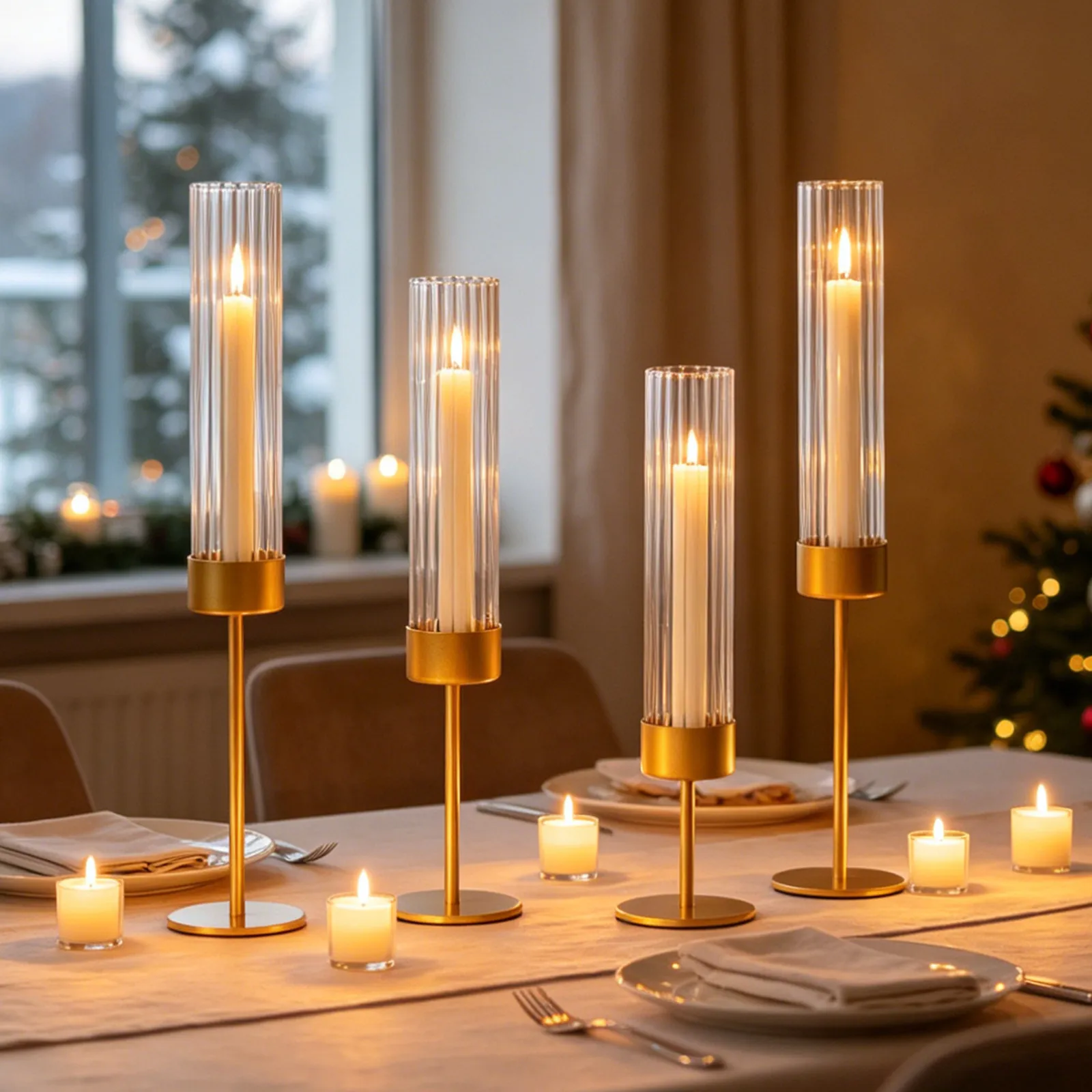Gold Glass Hurricane Taper Candle Holders Bulk Set Of 6 - Cylinder Candlestick Holders For Wedding,Party Table Centerpiece Decor