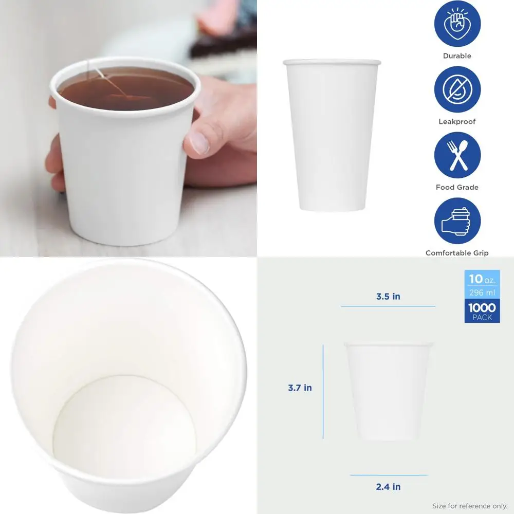 

10 oz White Disposable Paper Coffee Cups - 1000 Count, 90mm Diameter, Suitable for Hot and Cold Beverages