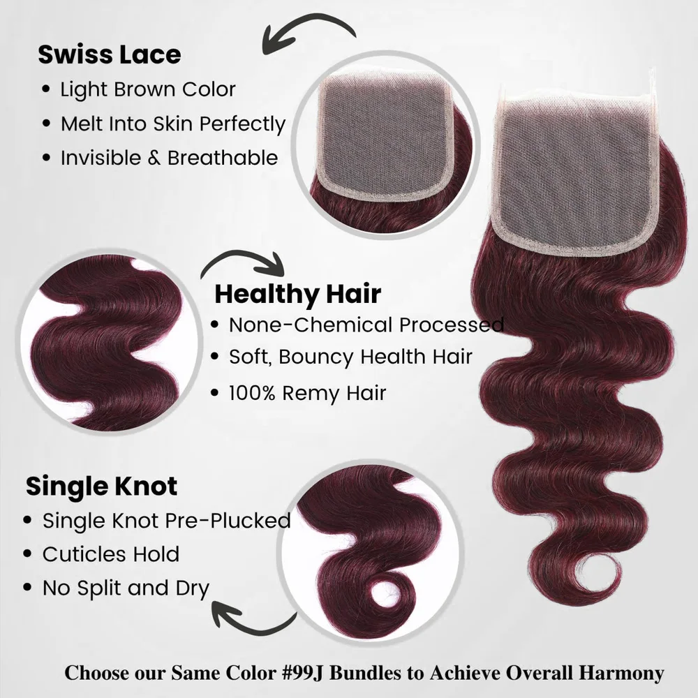 4x4 Lace Closure 99j Burgundy Body Wave Human Hair 12A Dark Burgundy Wine Red Color Wavy Free Part Melt Lace Closure 100% Unprocessed Virgin Remy Hair Pre Plucked With Baby Hair Closure 16 IN