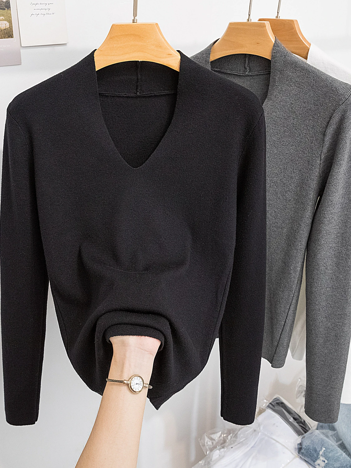 حجم كبير المرأة V-Ne تريكو سليم صالح طويل Sve قاعدة طبقة عادية Sle الخريف الشتاء جديد وصول ملابس داخلية تي شيرت