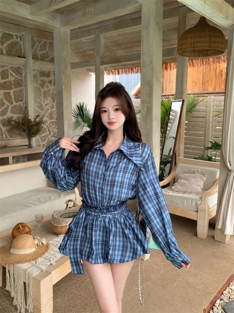 

College Style Suit Women's Spring Long-sleeved Loose Plaid Shirt High Waisted A-line Skirt Two-piece Set Fashion Female Clothes