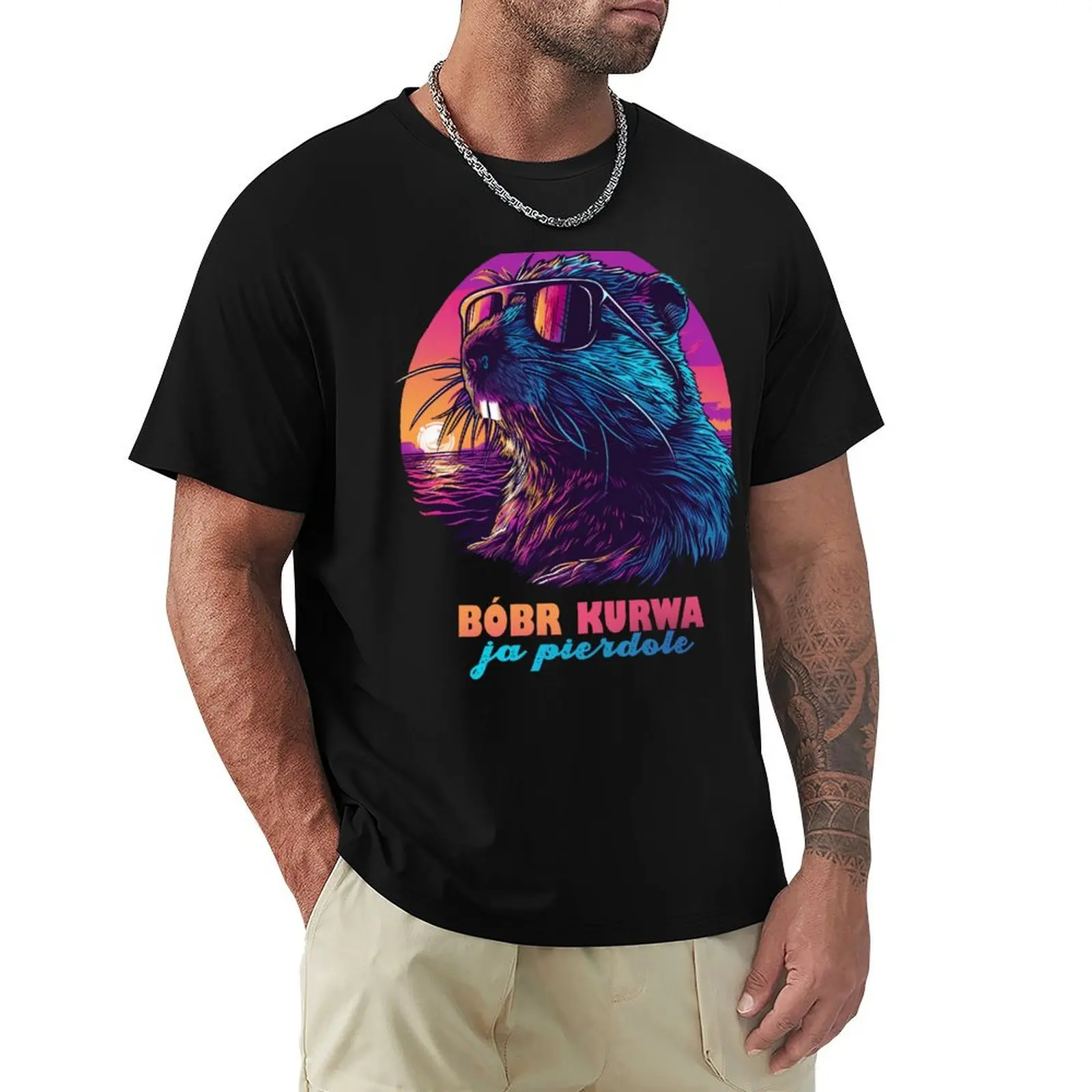 Synthwave Polish Beaver Meme Ja pierdole Bobr Bober Kurwa T-Shirt Work Utility Casual Tee Shirt
