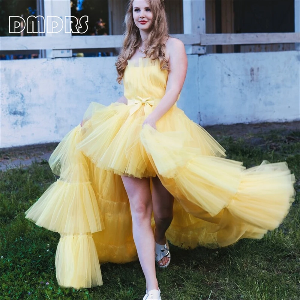 Lovely Lemon Yellow Tiered Tulle Women Formal Dress High Low Strapless Maxi Evening Dress Sweet Prom Dress Cocktail Party Gown