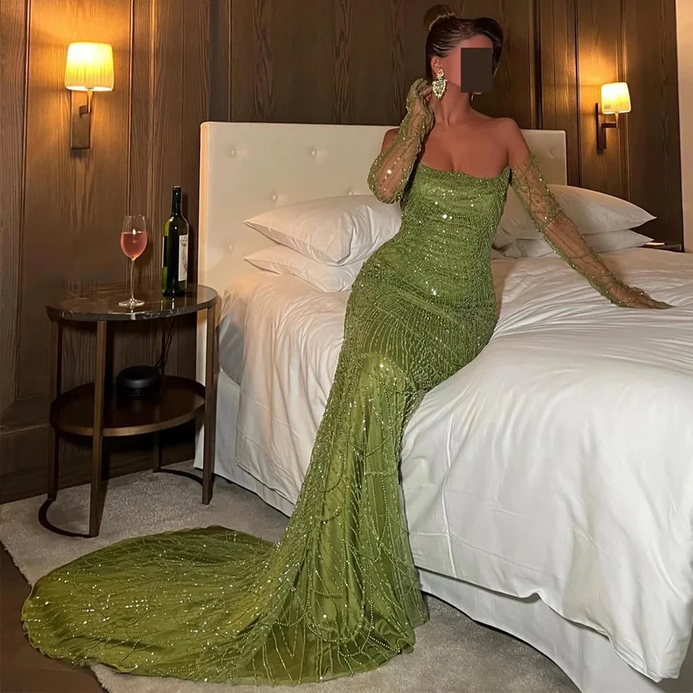 

Luxury Evening Dresses 2025 Satin Mermaid/Trumpet Celebrity Dress Green Sweetheart Pearls Sequined Sexy Party Gown Long