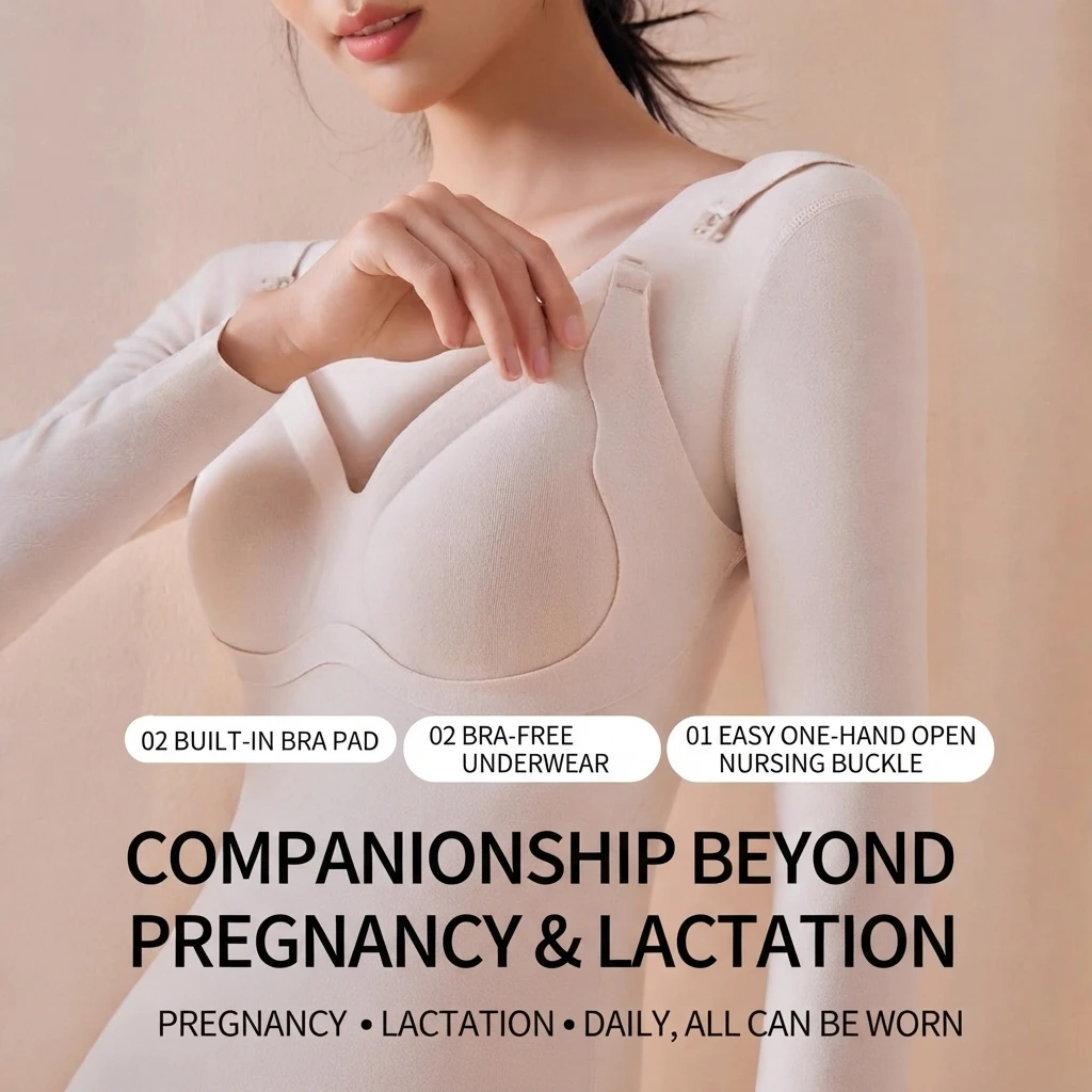Maternity Nursing Top Polyester Pullover Round Neck Regular Sleeve Slim Fit Thickened Thermal Underwear Autumn Winter Breastfeed