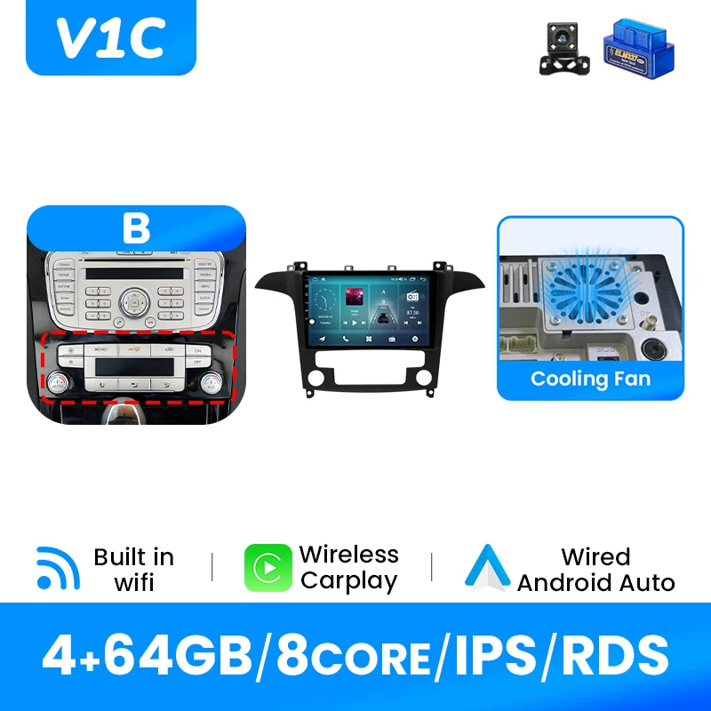 Draadloze Carplay Autoradio Speler Voor Ford S-Max 2007-2015 Android14 Auto 4G Wifi Multimedia GPS DSP 1280*720 IPS Scherm Geen 2Din