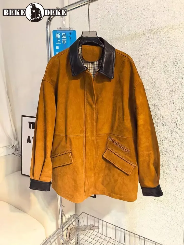 Vintage Autumn Women Genuine Leather Jacket High Quality Suede Goatskin Medium Long Casual Coat British Style Loose Outerwear