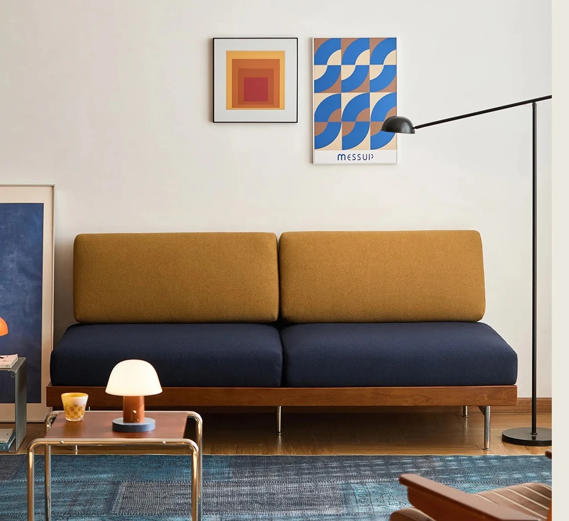 

Fabric sofa living room modern simple light luxury straight row three-person solid wood medieval sofa