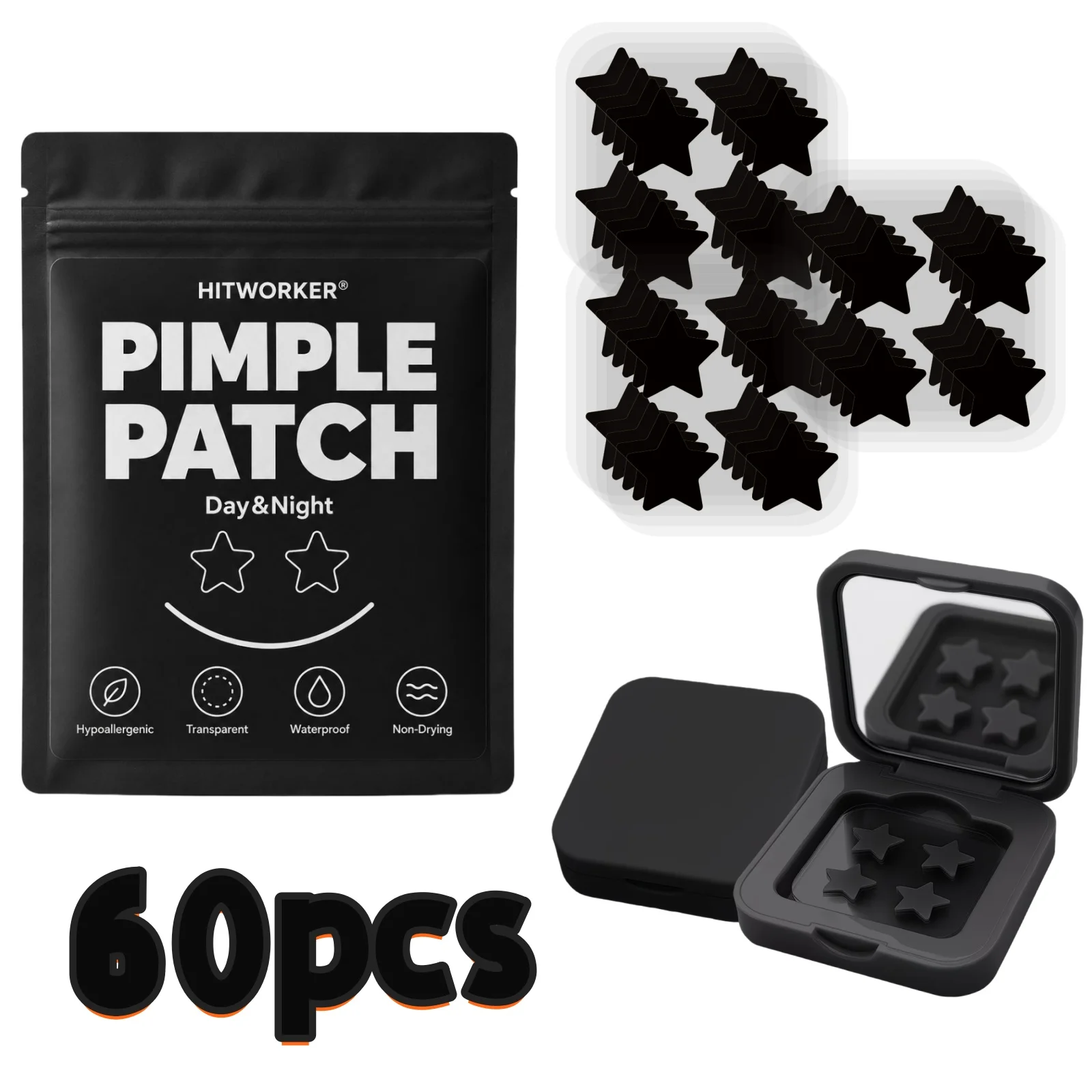 60 Count Black Pimple Patches with Mirror Case, Hydrocolloid Face Patches, Invisible Spot Cover Stickers, Portable Skin Care Pat
