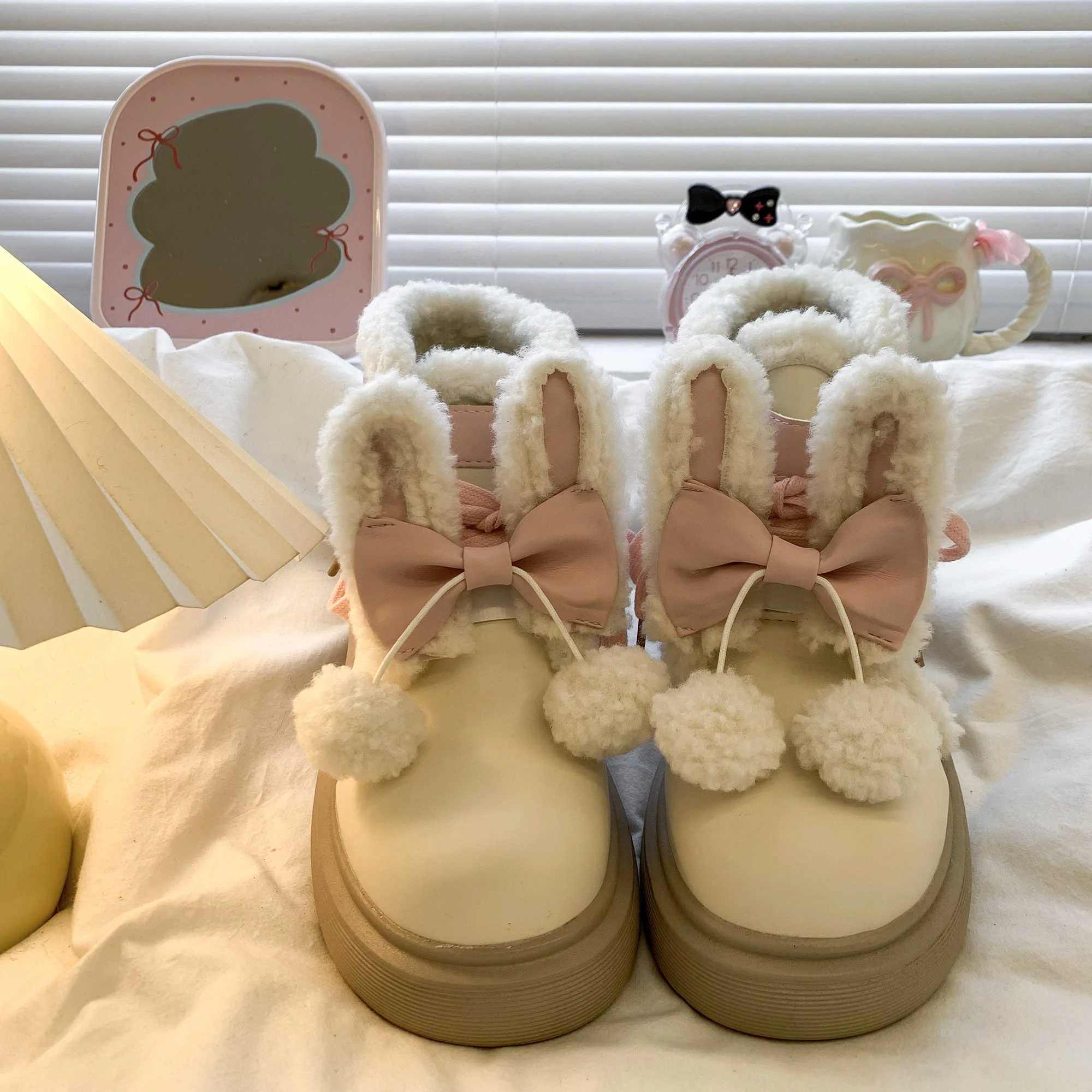 لوليتا على غرار الشتاء منتصف العجل الثلوج الأحذية ل تأثيري لطيف تلميذة القوس آذان أرنب أفخم الدافئة شقة وحيد أحذية بكعب سميك 2026 #4