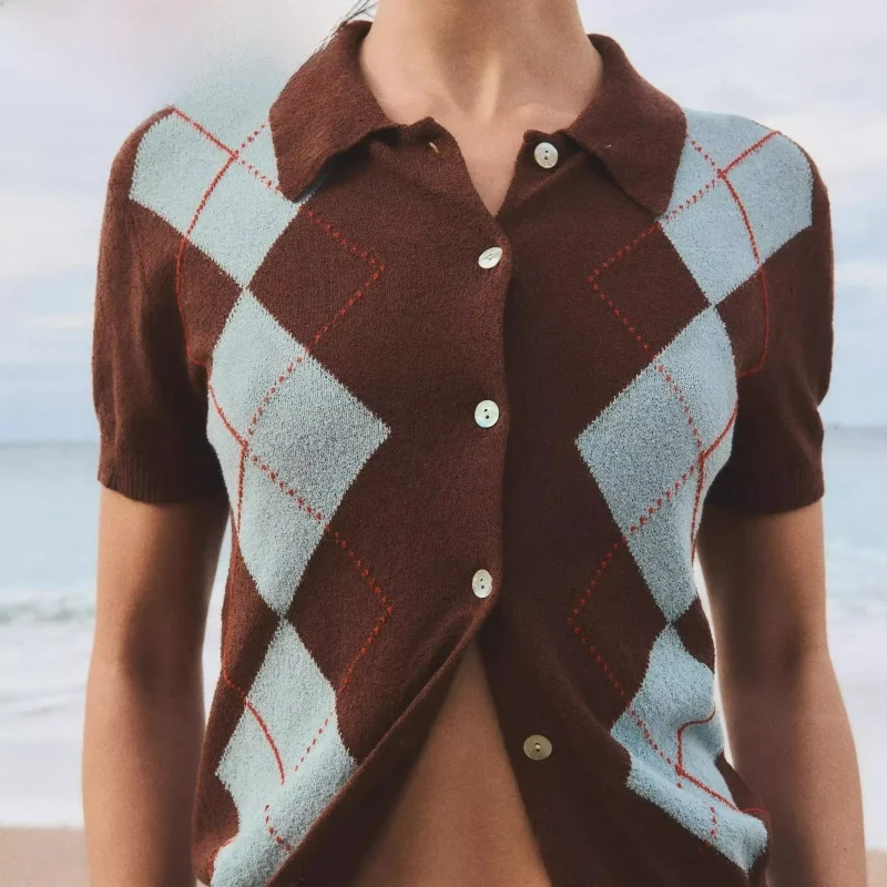 

New Summer Women's Knitted Casual ort Sve irt Ne Diamond Pattern Loose Fit Regular Length Button up Top