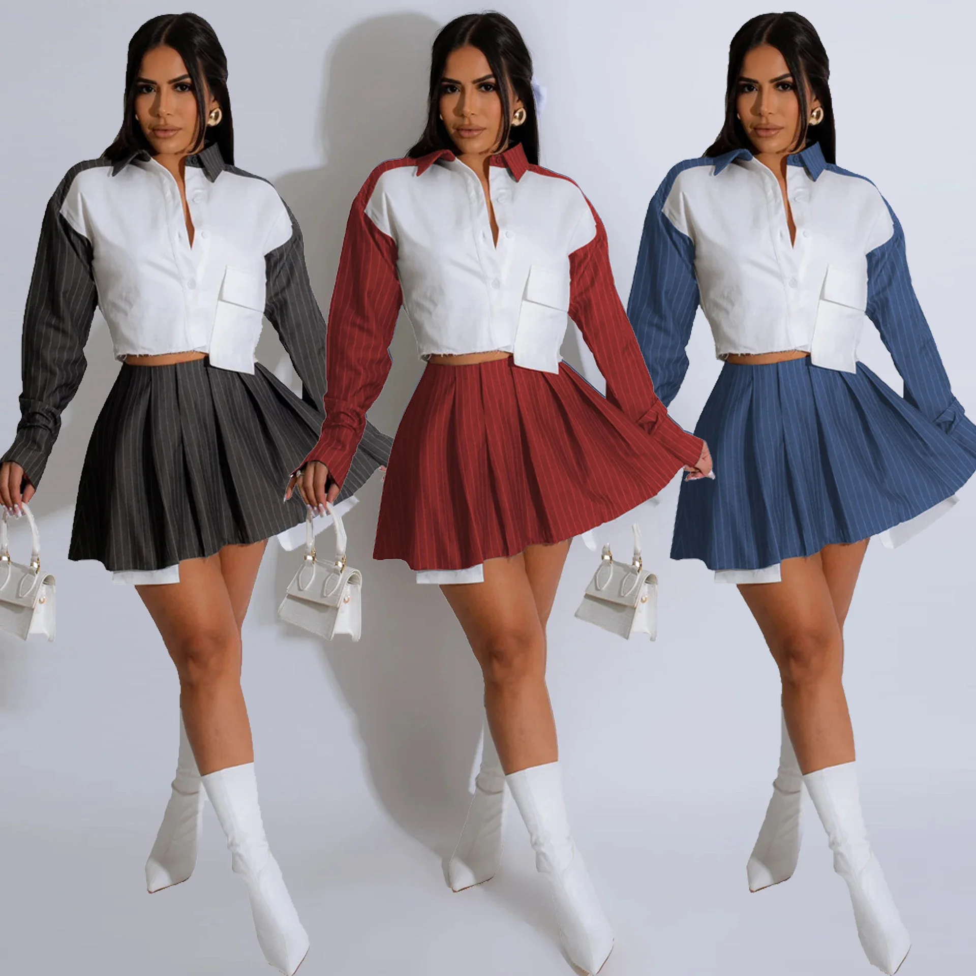 

Ladies Shirts Two Piece Skirt Sets Y2K Streetwear 2023 Fall Winter Women Striped Sexy Elegant Dress 2 Piece Skirt Sets Outfits