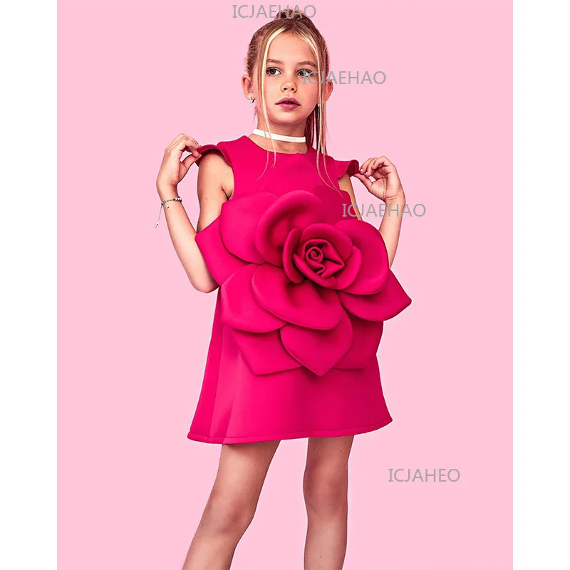 Kids Little Girl 3D Rose Flower A Line Skirt Flutter Sleeve Dress Toddler Children Elegant Formal Birthday Party Gown Costume