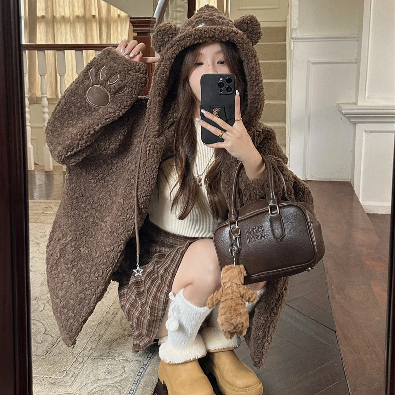 Brown Fleece Flannel Harajuku Loose Casual Warm Hoodies Ladies Coats Autumn Winter Sweet Hooded Women Pullover Female Sweatshirt