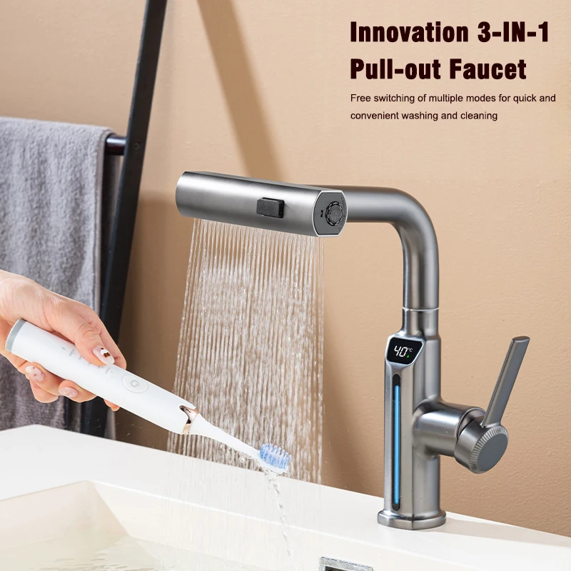 LED Gray Kitchen Faucets Pull Out Rotation Waterfall Stream Sprayer Head Hot -Cold Water Faucet Wash Basin Rotation Water Tap