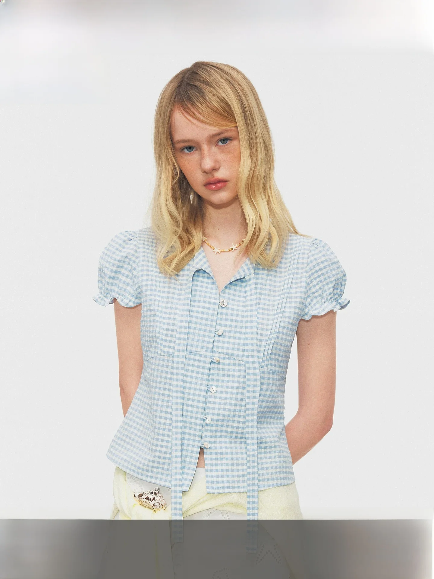 

Женская летняя новинка: дышащая тонкая блузка Fano Gentle Girl Atmosphere с коротким рукавом, в клетку, с поясом, в повседневном стиле, из полиэстера.