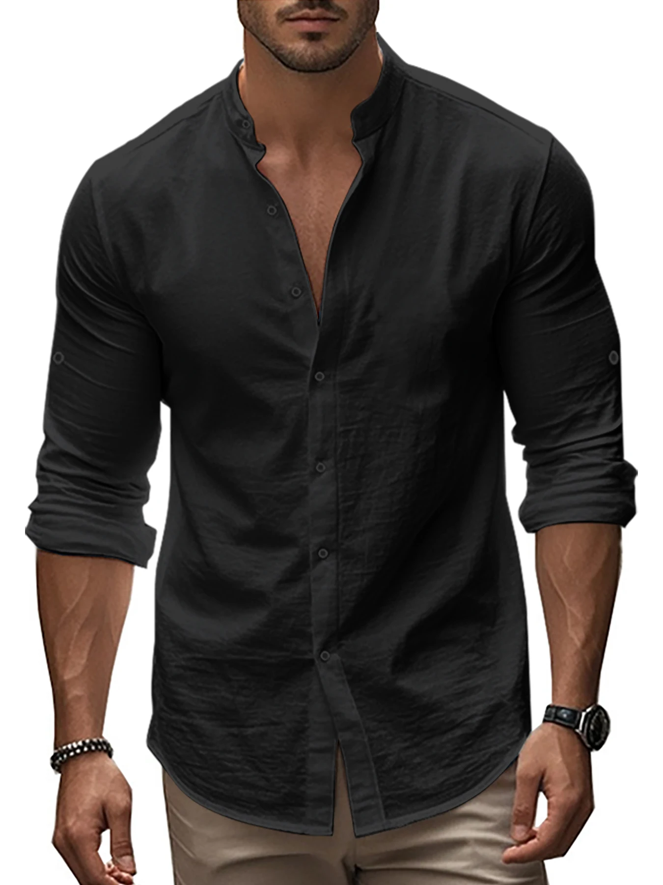 Men's Loose Linen Shirt, All-Season Fashion Casual Long Sleeve Henry Collar Top, Men's Fitted Shirt for Daily Wear