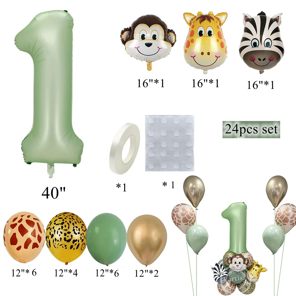 1set Carton Animal Balloons Tower Vintage Green Number Balloon For Kids Wild One Forest Birthday Party Jungle Safari Decorations