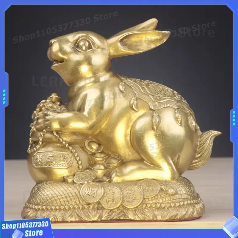 Copper Rabbit Figurine Home Office Decor Jade Animal Ornament Creative Piggy Bank Gift for Kids Desktop Decoration Lucky