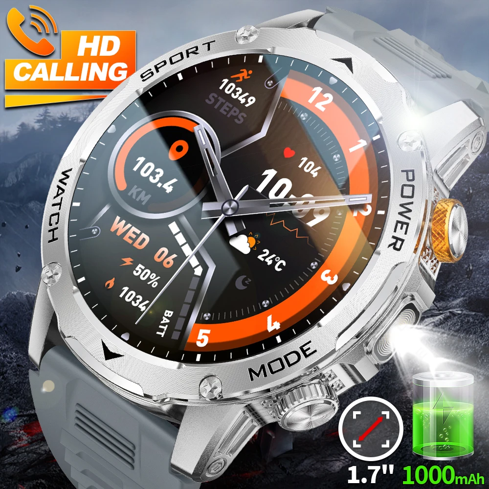 

LIGE Military Smart Watches Men 1000mAh 1.7" HD Screen Smartwatch Flashlight Sleep Monitor Fitness Tracker Watch for Android iOS