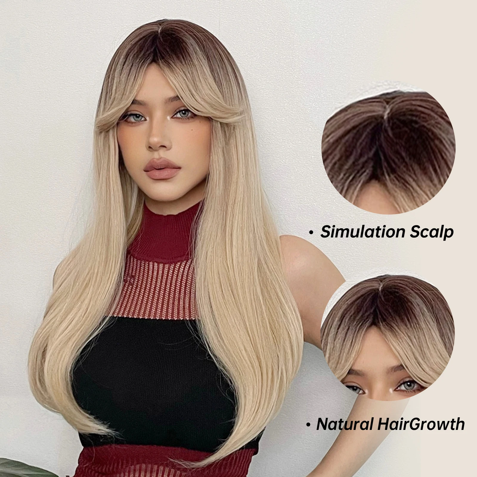 HAIRCUBE Brown to Blonde Ombre Synthetic Wigs Long Straight Fake Hair Wigs for Women With Bangs Daily Party Heat Resistant Wigs