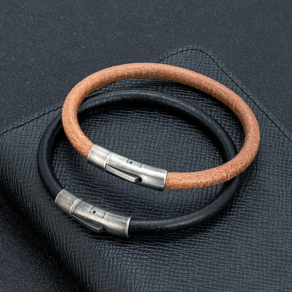 MKENDN Simple Style Men Women Primary Color Cowhide Bracelet Retro Stainless Steel Buckle Accessories Handmade Cuff Bangle Gifts