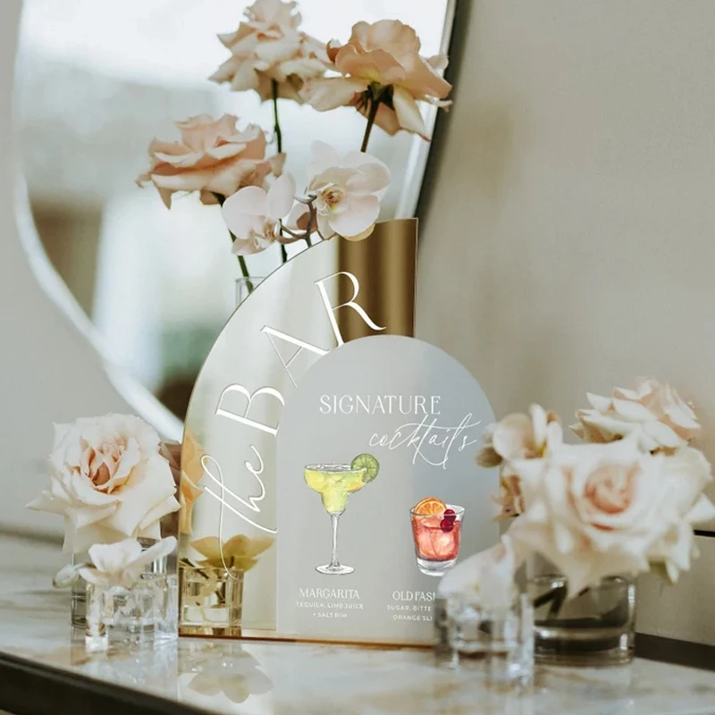 His and Hers Wedding Cocktails,Signature Drink Sign,Wedding Bar Sign,Gold Mirror and Frosted Acrylic Bar Menu Sign,Table Decor