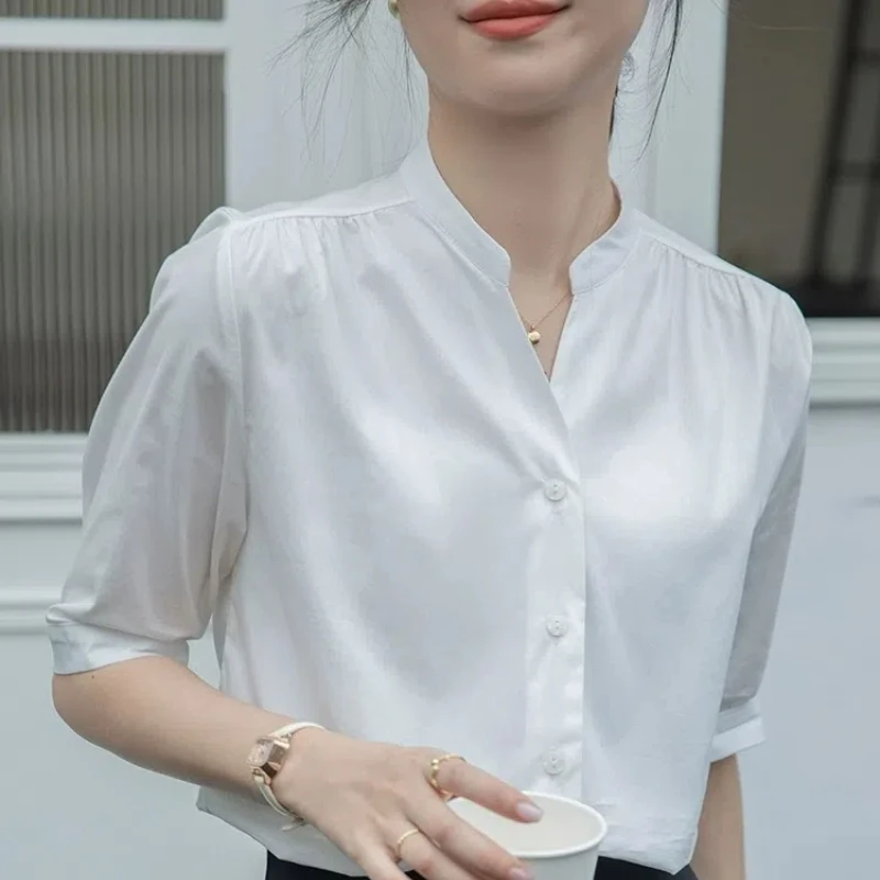 V-Neck Minimalist Solid Color Summer New 2024 Short Sleeve Top Office Lady Temperament Elegant Button All-match Female Shirt