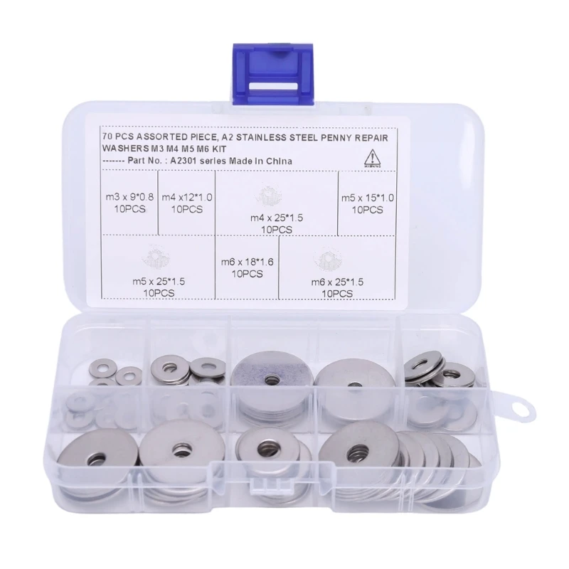 N5KD Hardware Flat Washer Set, 70 Large Washers across 7 Sizes with a Clear Divided Storage Case for Organized Fastening and