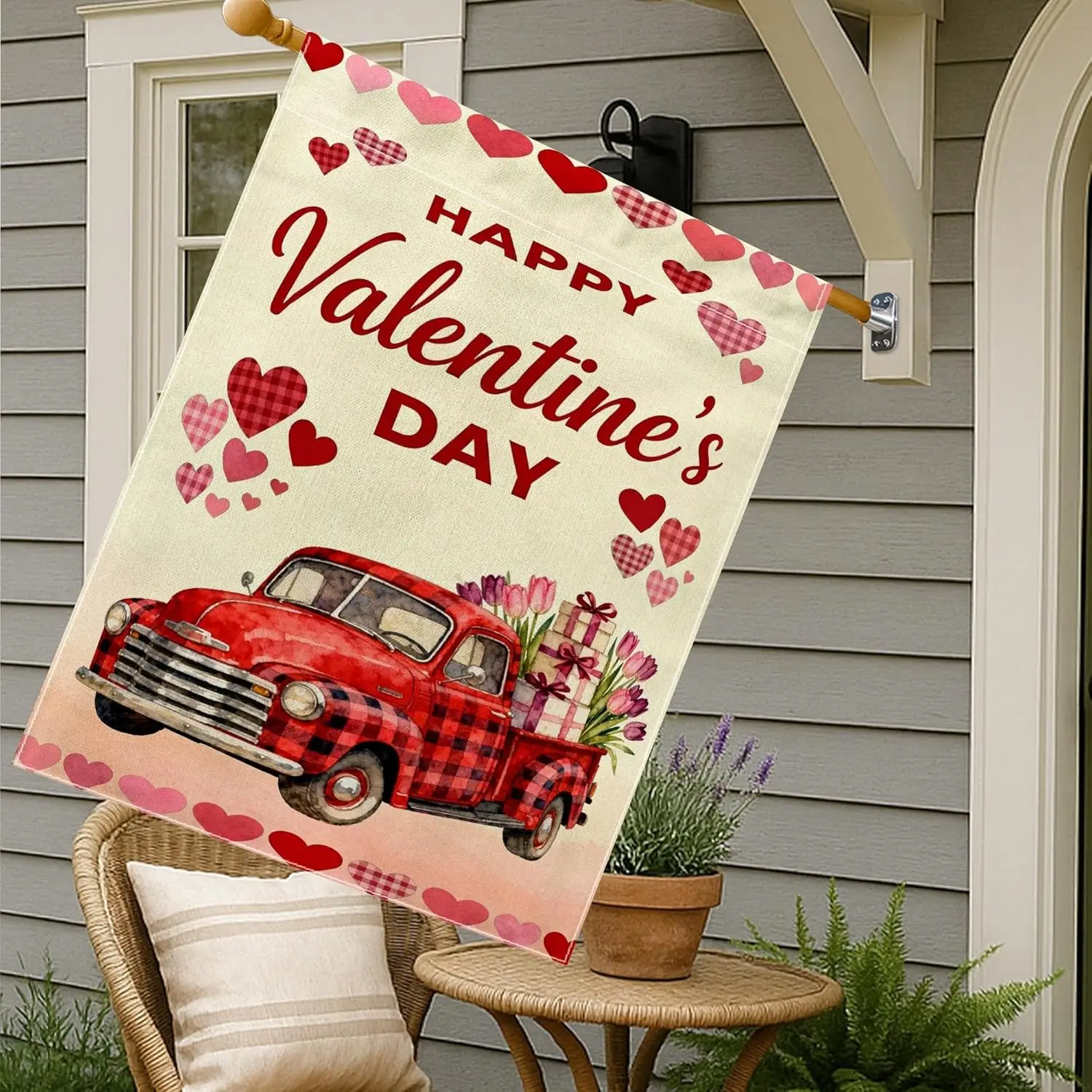Truck House Flag, Valentine'S Romantic Hearts Tulips Valentine'S Red Double Sided Burlap Outside Large Garden Flag f FFL IIC