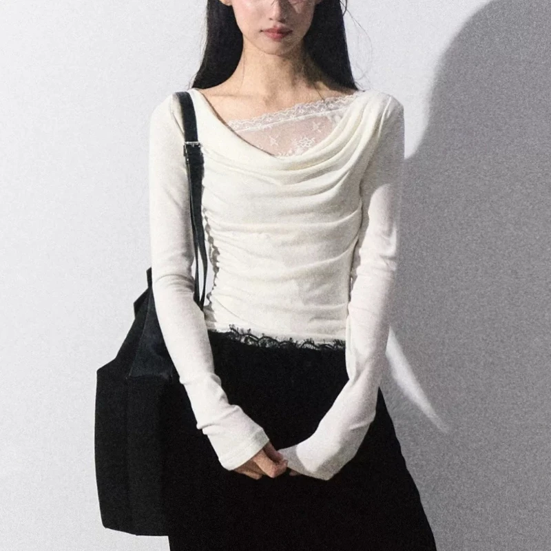 

Lace Knitted Swing Collar Bottom Shirt Fake Two Piece Interior Pure Want Slimming Top